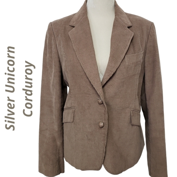 Vintage 90s Silver Unicorn Corduroy Blazer Taupe Jr 15 Ladies M VGUC - Picture 1 of 16